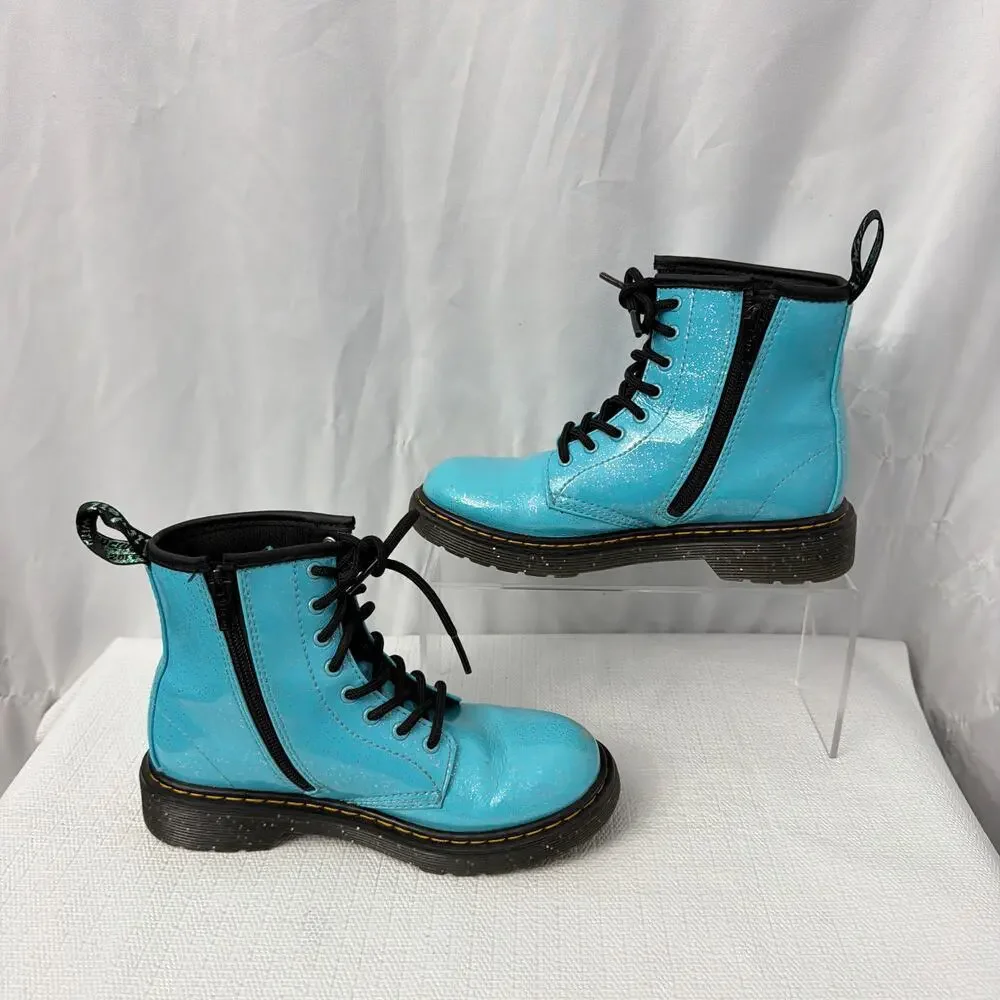 Dr Martens Boots Girls Size 2 Blue Sparkle 1460 J Side Zip Lace Up Youth